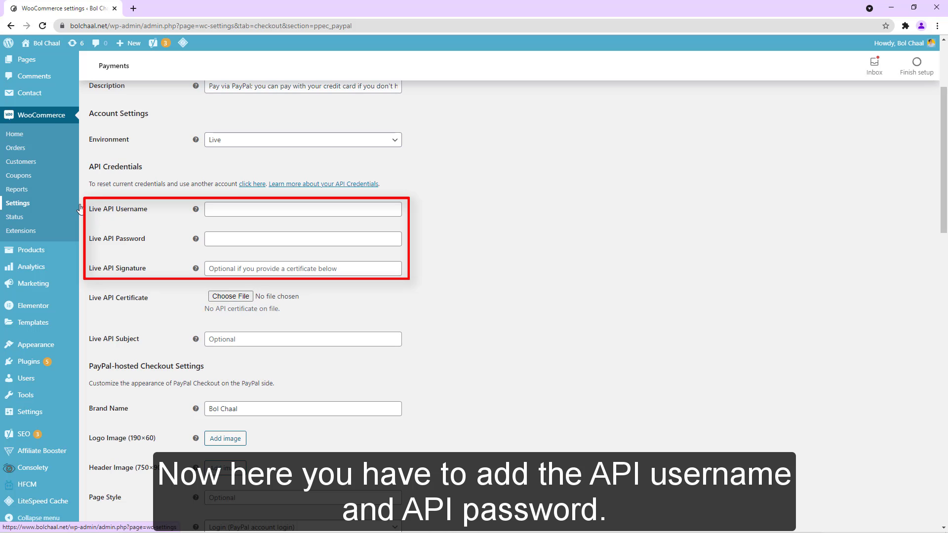 Ahora aquí tienes que agregar el nombre de usuario y la contraseña de la API